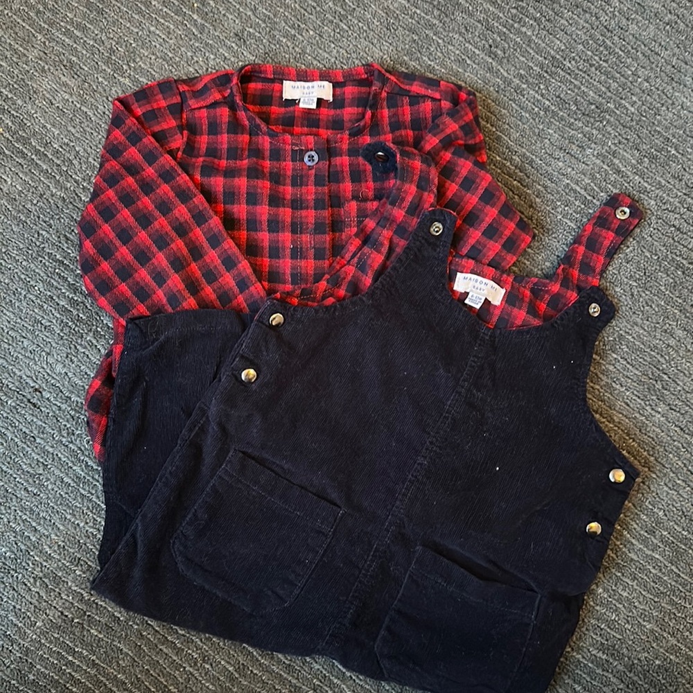 Two piece overall and flannel shirt from Maisonette